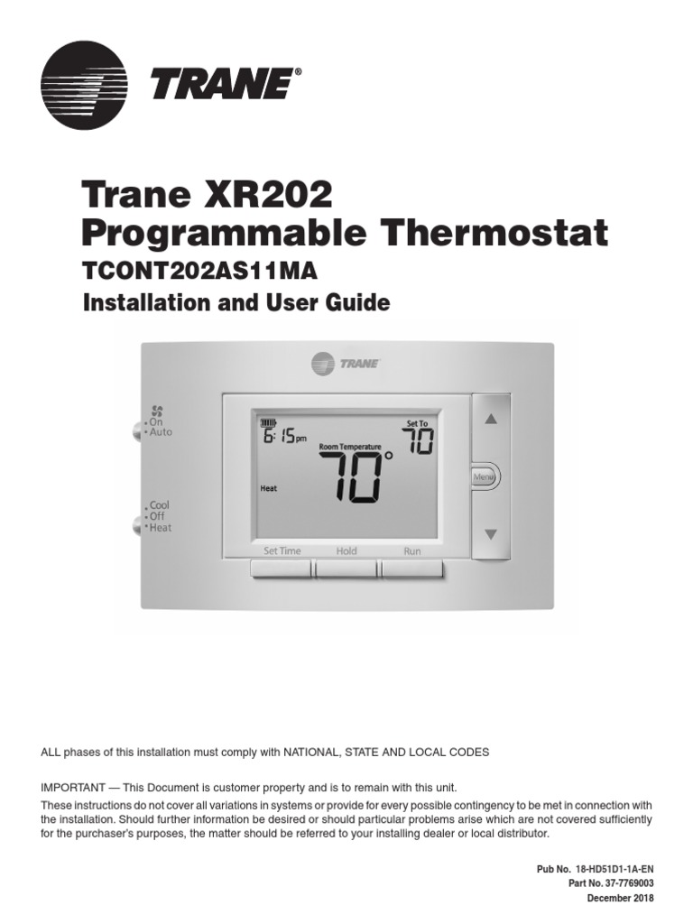 Trane XR202 Programmable Thermostat: TCONT202AS11MA Installation and ...