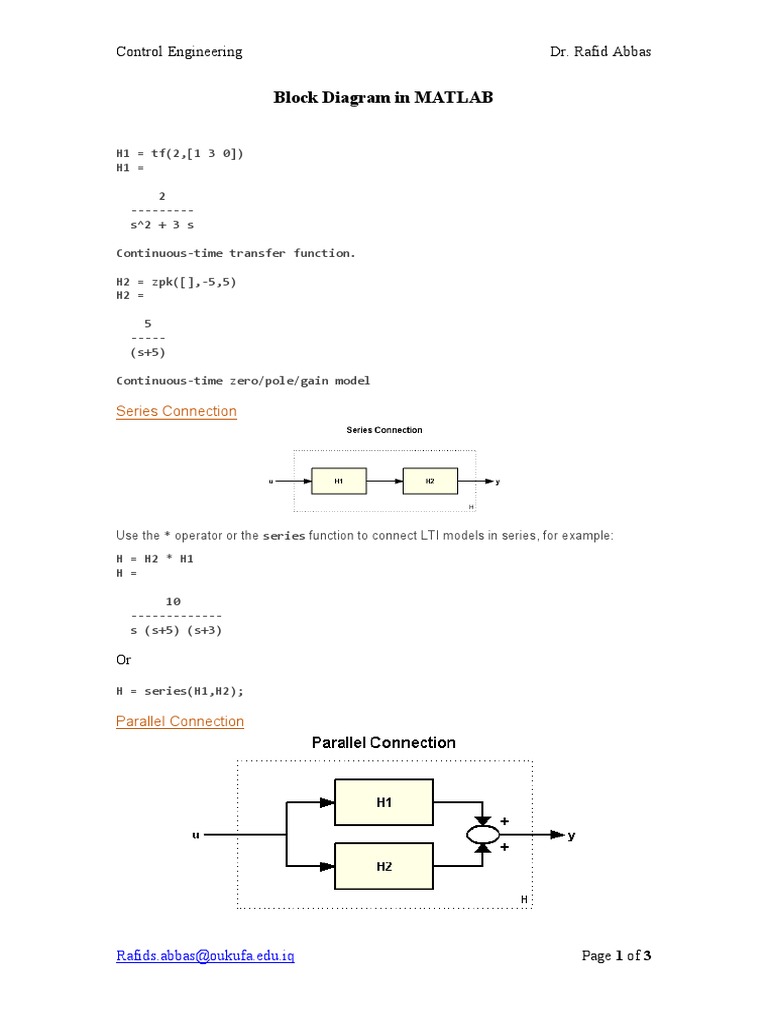 Block Diagram in MATLAB: Control Engineering Dr. Rafid Abbas | PDF ...