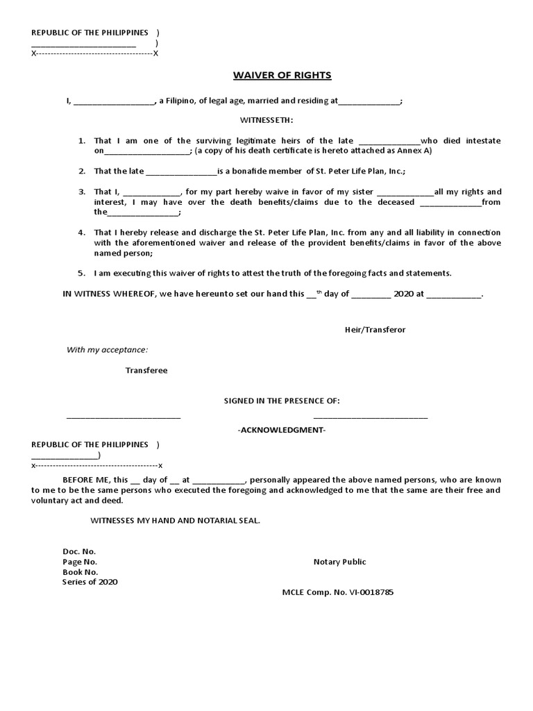 Waiver of Rights: IN WITNESS WHEREOF, We Have Hereunto Set Our Hand ...