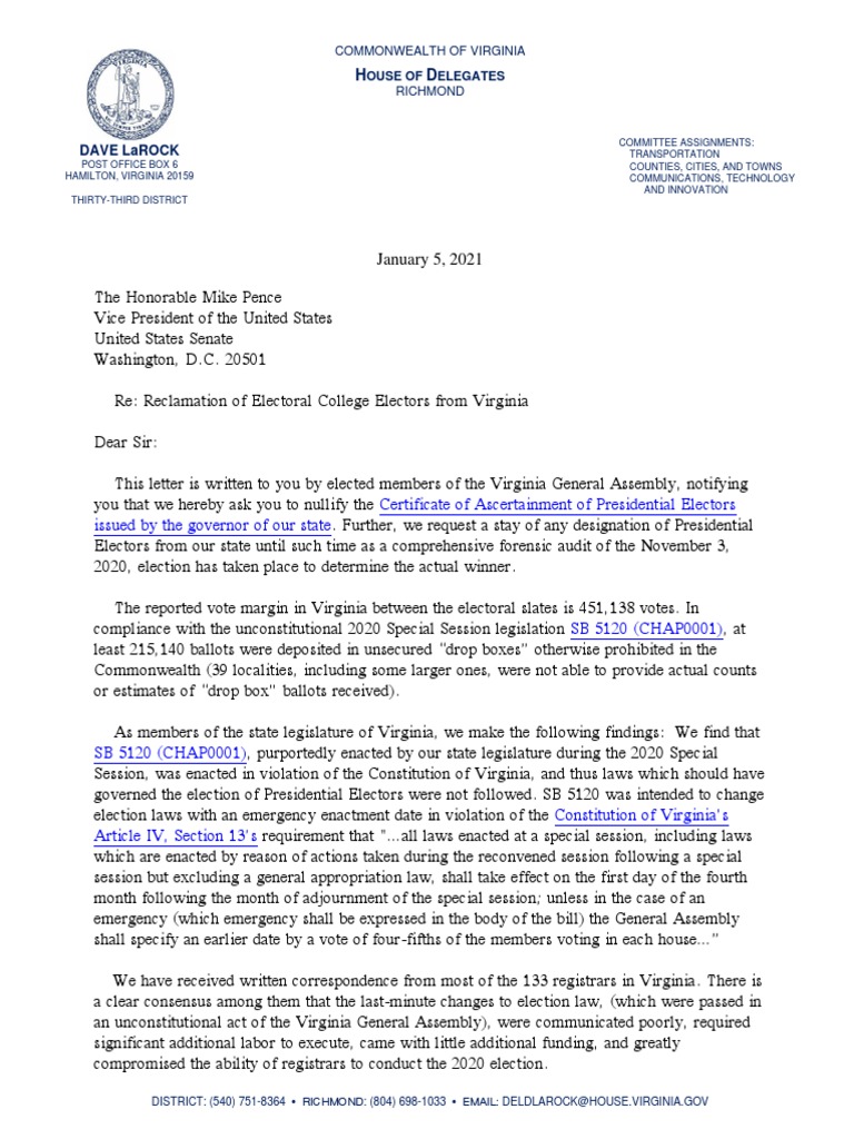 Virginia State Legislature Letter To Vice President Pence | PDF | State ...