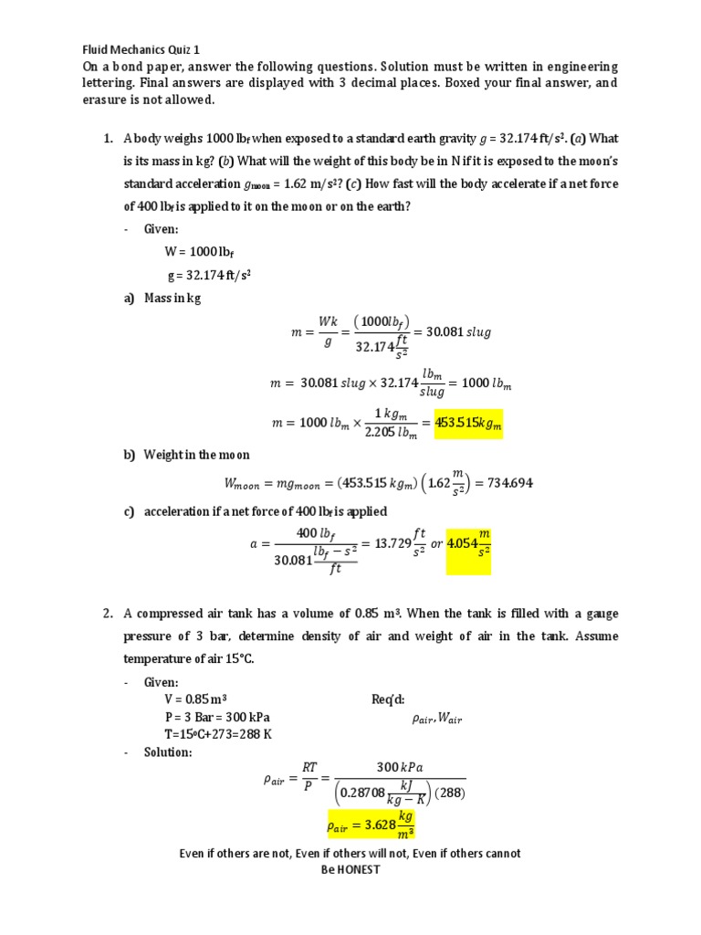 Fluid Mechanics Quiz 1 Solutions | PDF | Weight | Pressure