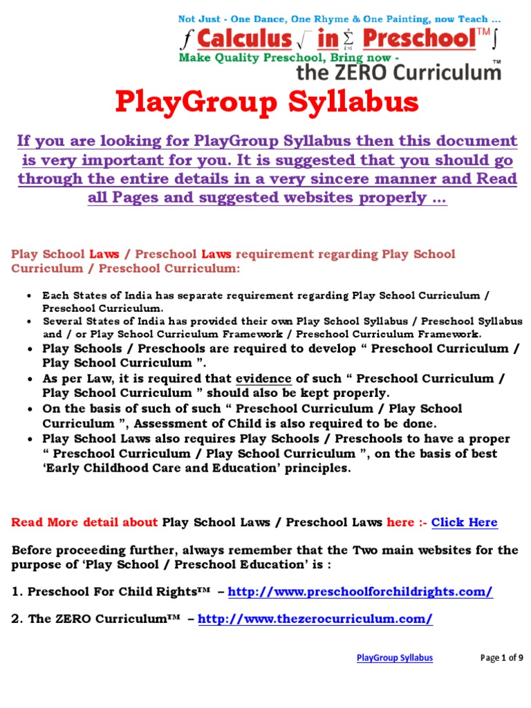 Playgroup Syllabus Play School / Preschool Requirement Regarding Play