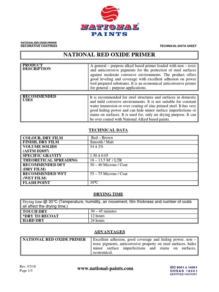 National Red Oxide Primer Data Sheet | PDF | Chemistry | Industrial ...