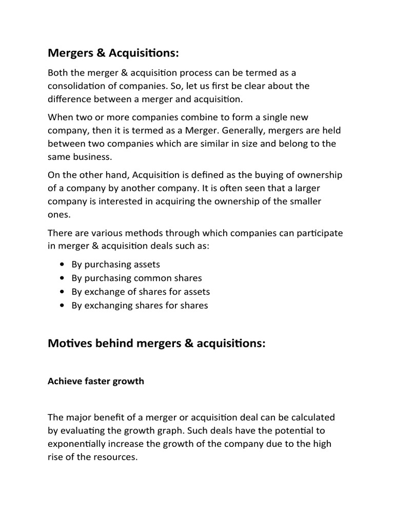 Motives Behind Mergers & Acquisitions | PDF | Pixar | Mergers And ...