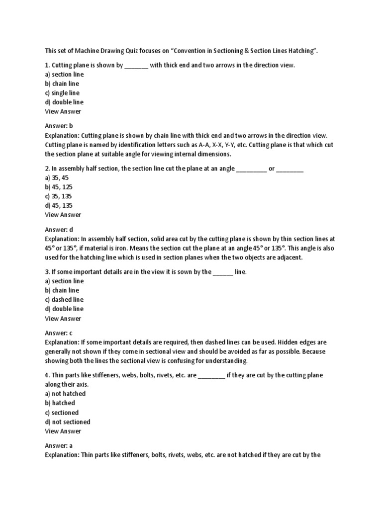 Machine Drawing Multiple Choice Questions and Answers on Sectioning and Dimensioning Conventions