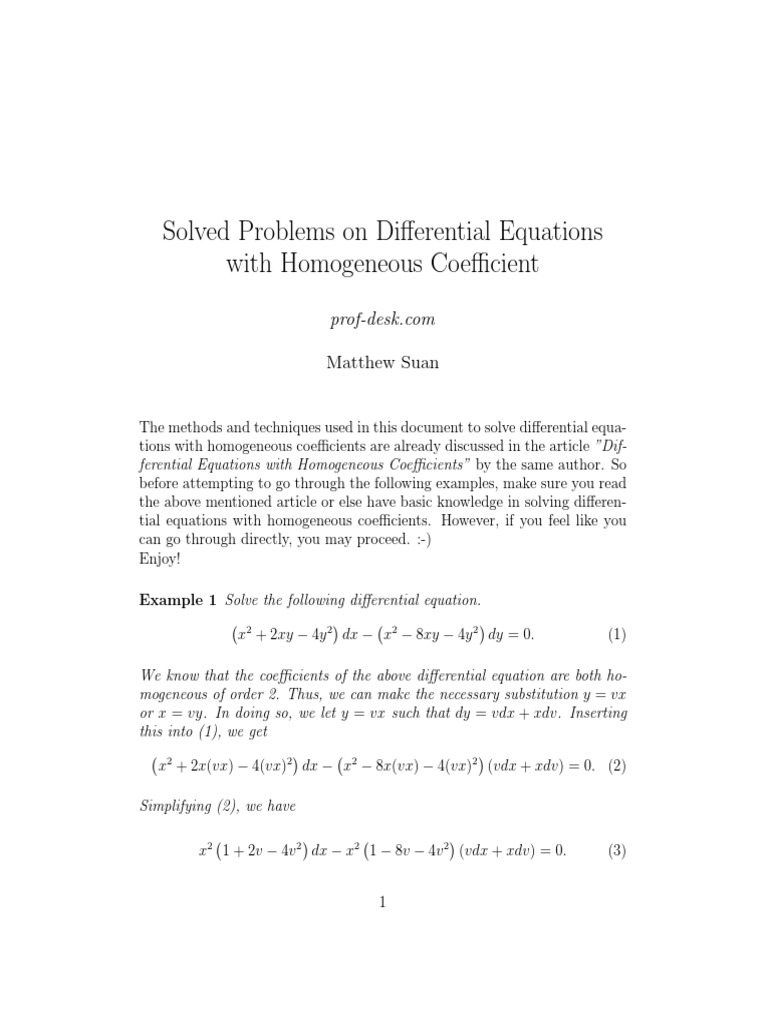 Homogeneous Differential Equations Solutions | PDF | Equations | Calculus