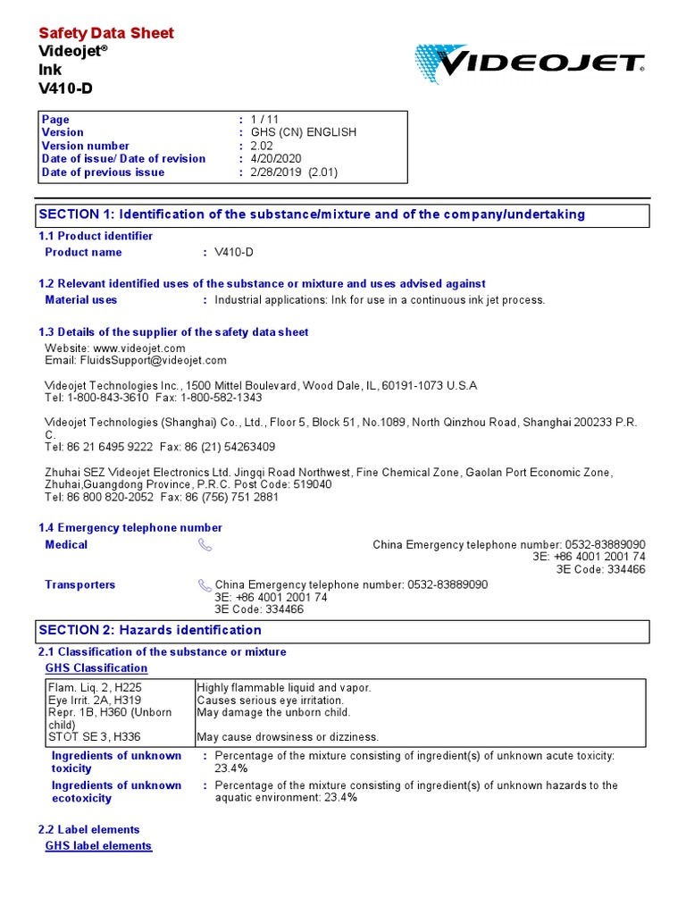 Videojet Ink Safety Data Sheet PDF Firefighting Toxicity