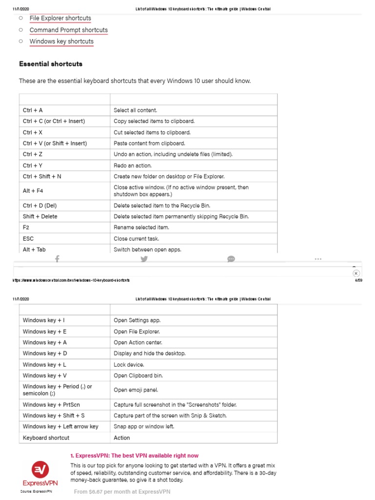 Essential Windows 10 Keyboard Shortcuts | PDF | Screenshot | Computer ...