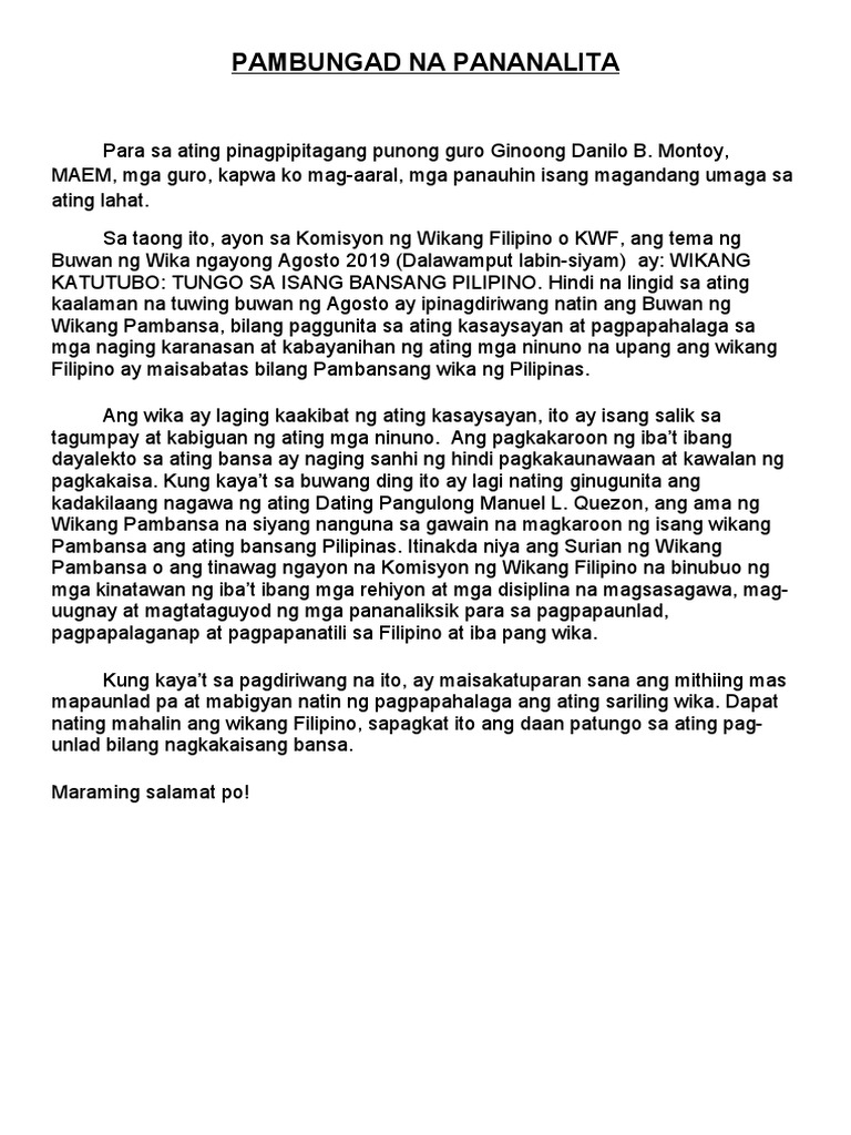 Pambungad Na Pananalita Pdf
