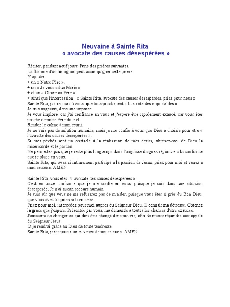 Prière à Sainte Rita Dans La Détresse Neuvaine A Sainte Rita | PDF | Notre Père | Prière