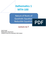 Mathematics 1 MTH-100: Nature of Roots of Quadratic Equation, Reducible Equations