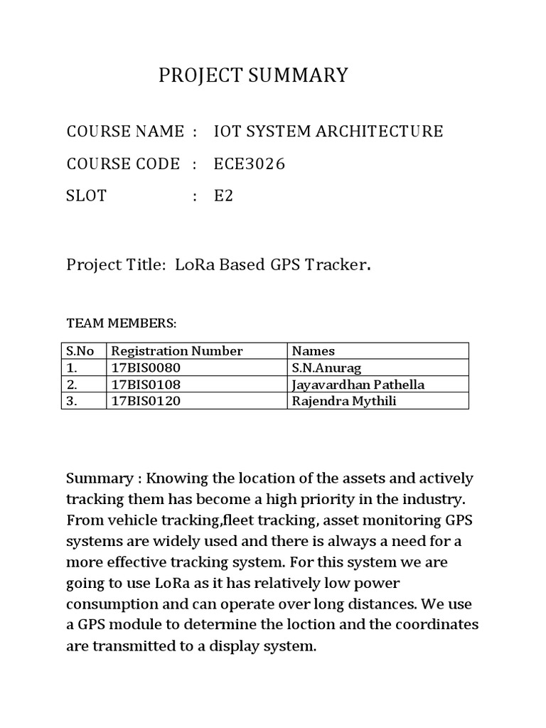 Project Summary: Course Name: Iot System Architecture Course Code ...