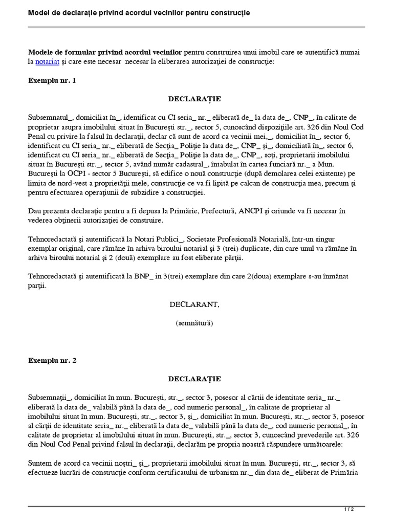 Declaratie Notariala Acord Vecin Constructie | PDF