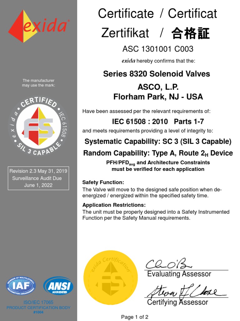 Certificate / Certificat Zertifikat / Series 8320 Solenoid Valves Asco