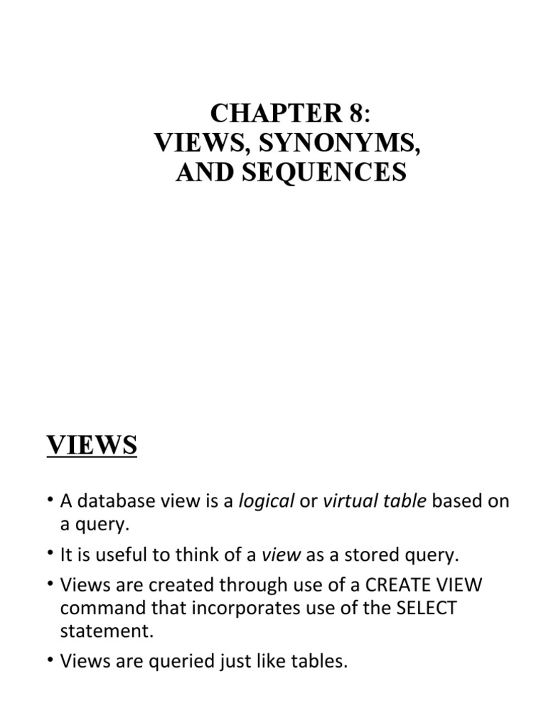 Views, Synonyms, and Sequences PDF Table (Database) Data