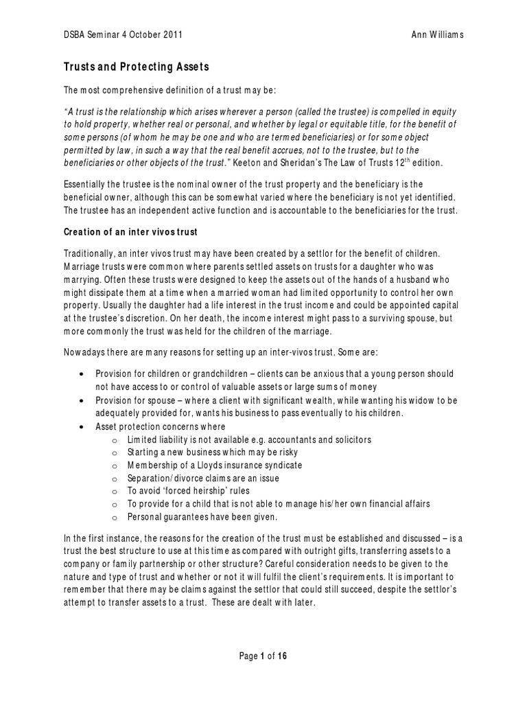 Trusts and Protecting Assets: Creation of An Inter Vivos Trust | PDF ...