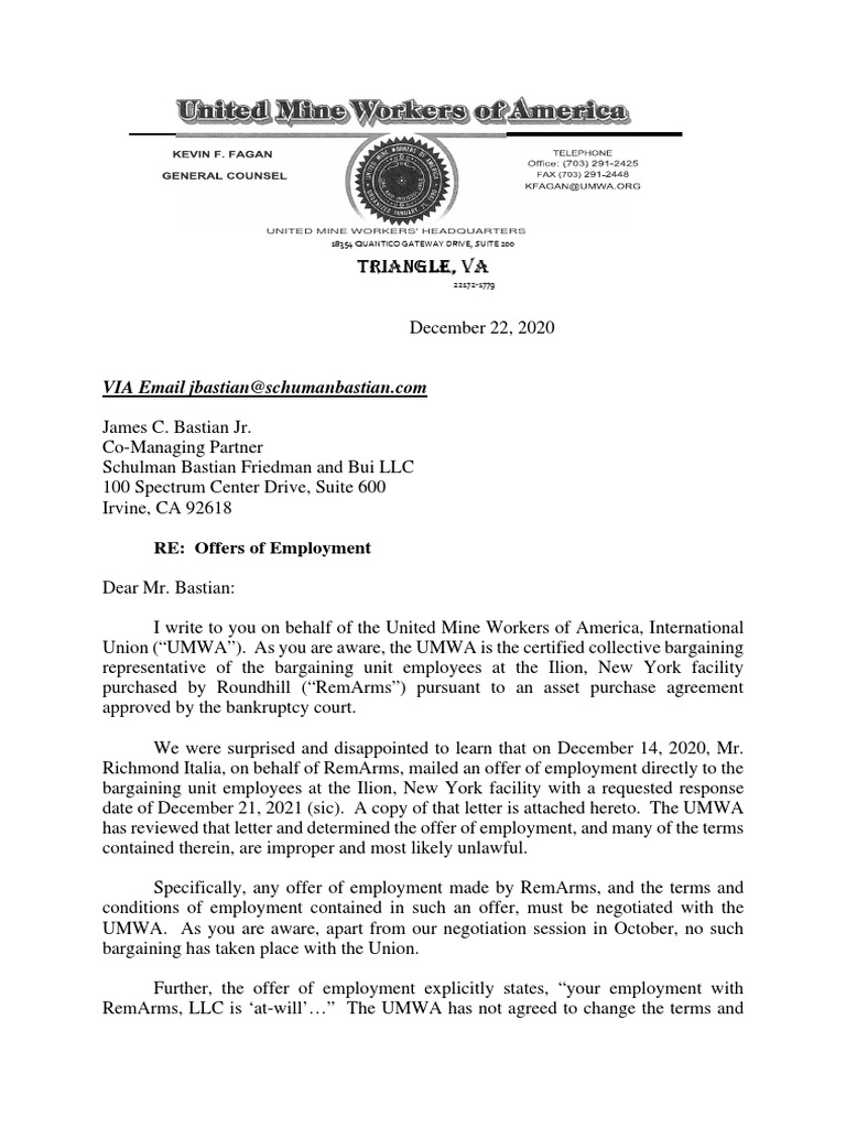 Remington Job Offer Letter 12.22.2020 PDF Collective Bargaining