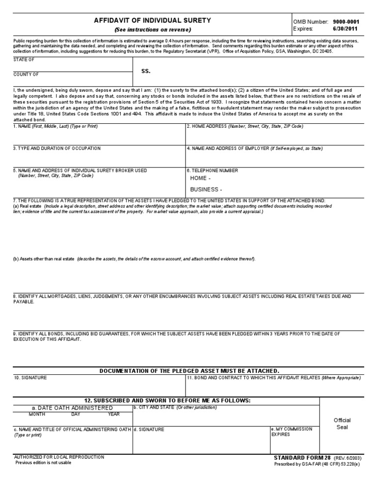 Individual Surety Affidavit Form SF-28 | PDF | Market Value | Affidavit