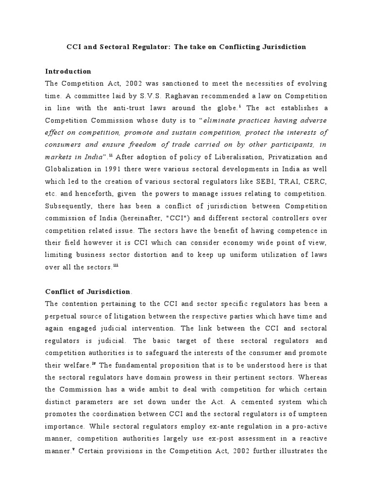 CCI and Sectoral Regulator The Take On Conflicting Jurisdiction PDF