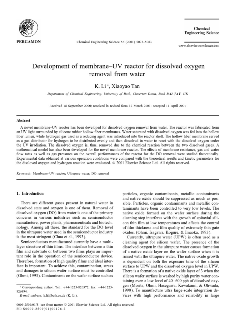 Development of membraneUV Reactor For Dissolved Oxygen Removal From