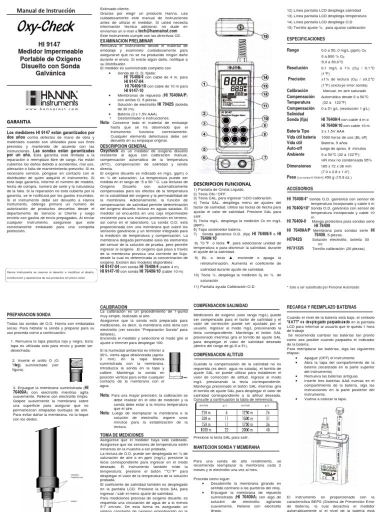Manual HI 9147: Medidor de Oxígeno | PDF | Oxígeno | Calibración