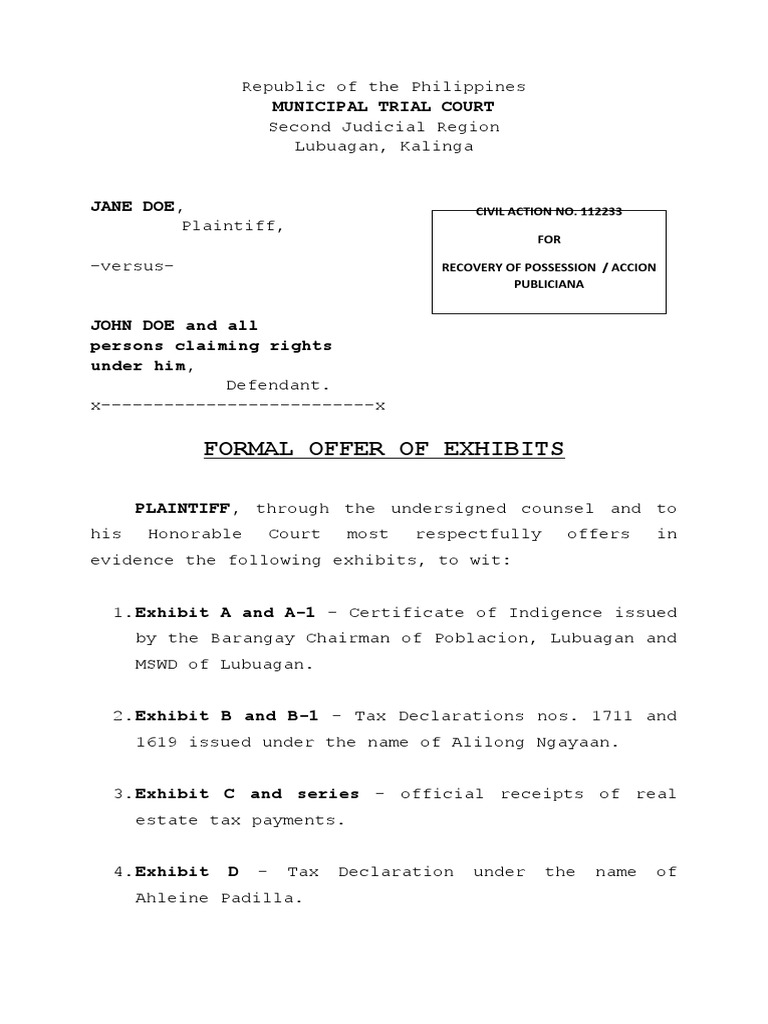 Formal offer of evidence civil case pdf affidavit legal procedure