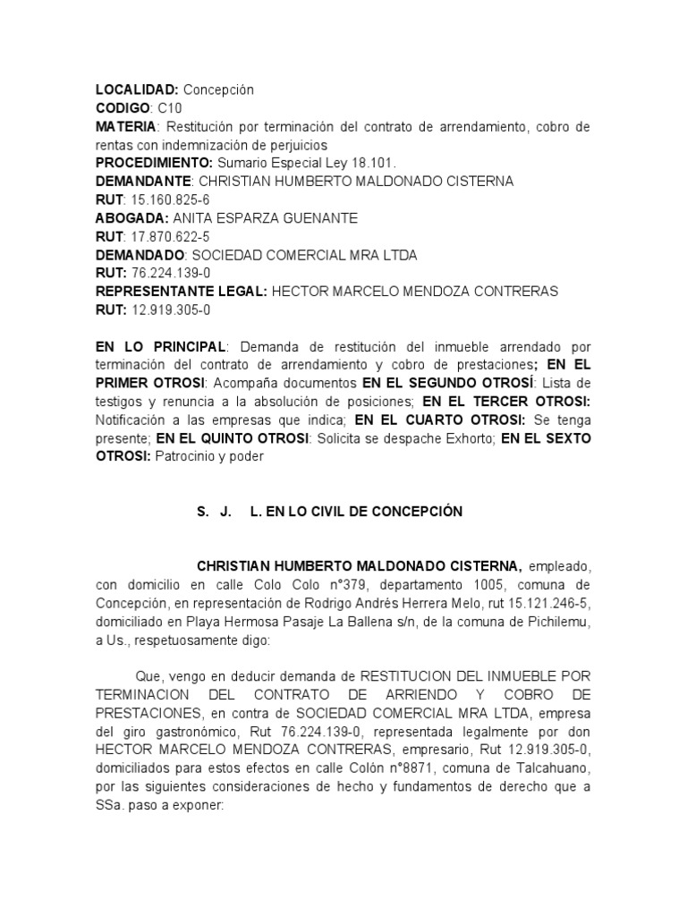 Demanda de Restitución de Inmueble | PDF | Alquiler | Ley común