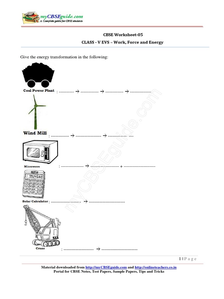 Class 5 Worksheet: Force and Energy | PDF