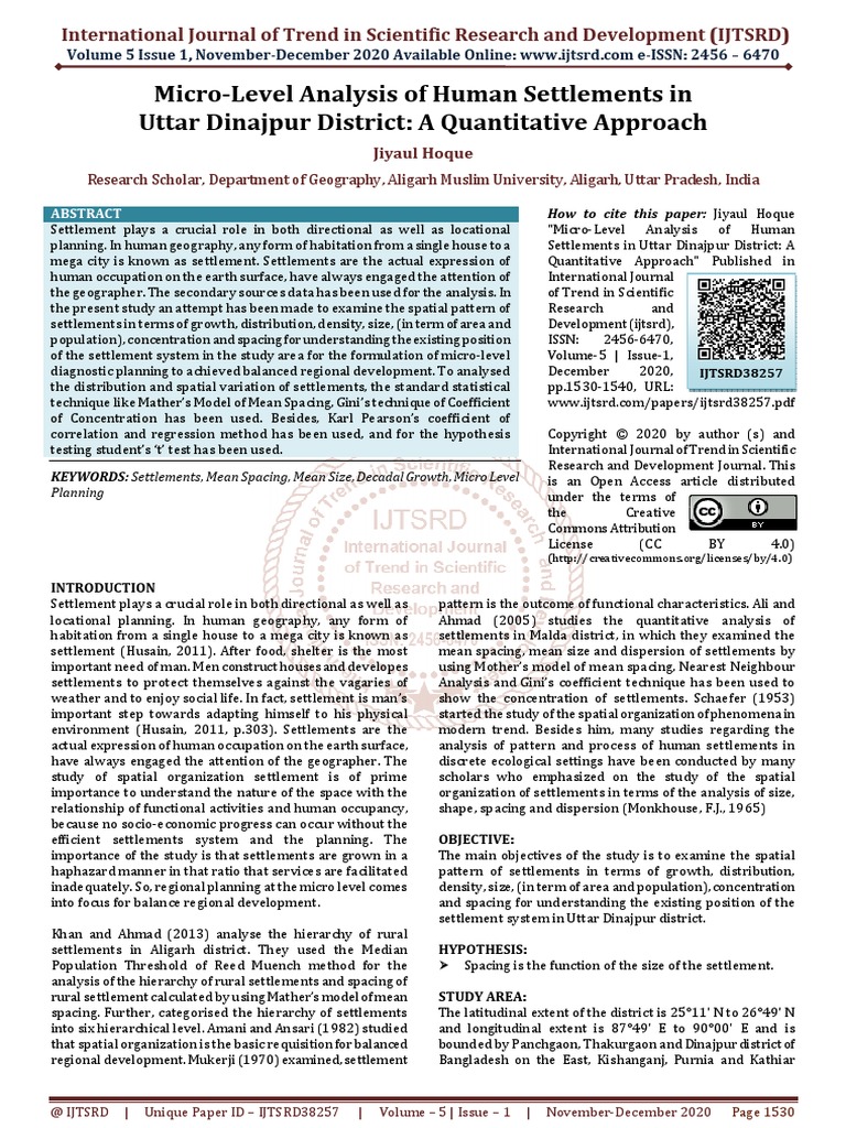 Micro Level Analysis of Human Settlements in Uttar Dinajpur District A ...