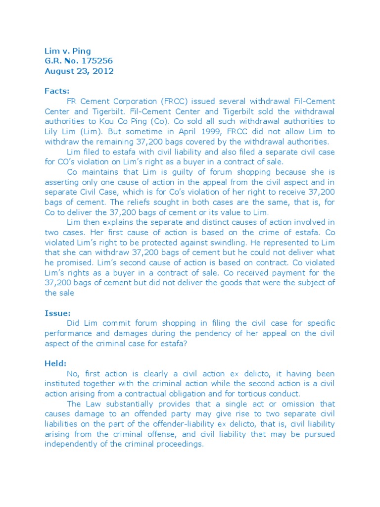 Lim v. Ping: Forum Shopping Ruling | PDF | Law Of Obligations | Tort