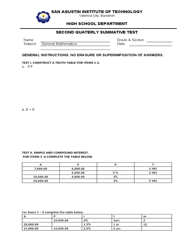 High School Math Summative Test | PDF | Interest | Teaching Mathematics