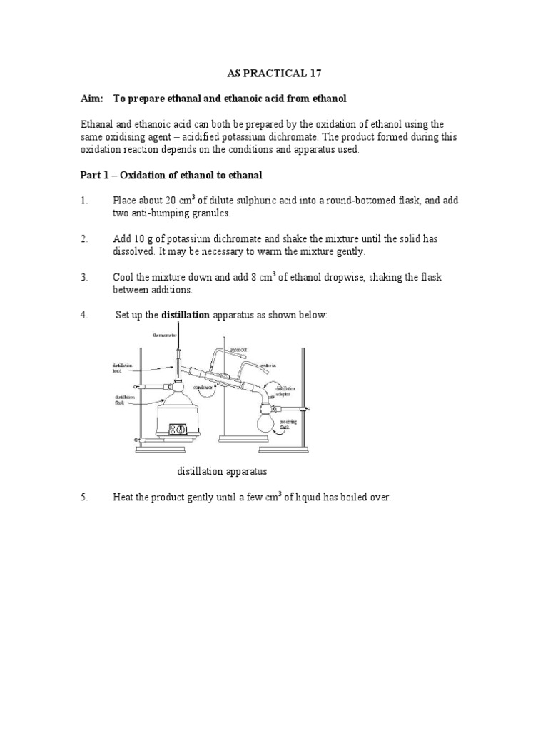 As Practical 17 Aim To Prepare Ethanal and Ethanoic Acid From Ethanol