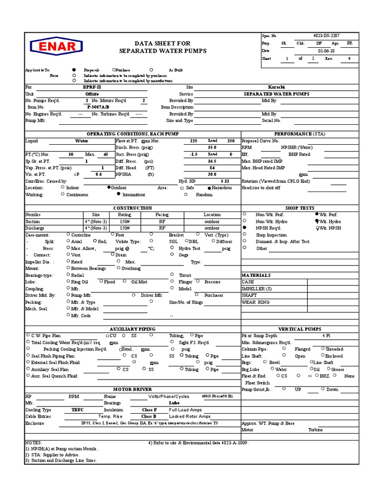 Separated Water Pumps Data Sheet | PDF | Pump | Pipe (Fluid Conveyance)