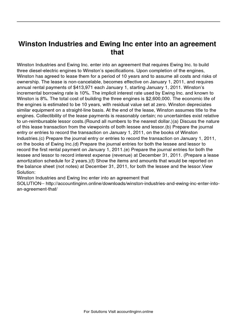 Winston Industries and Ewing Inc Enter Into An Agreement That PDF PDF
