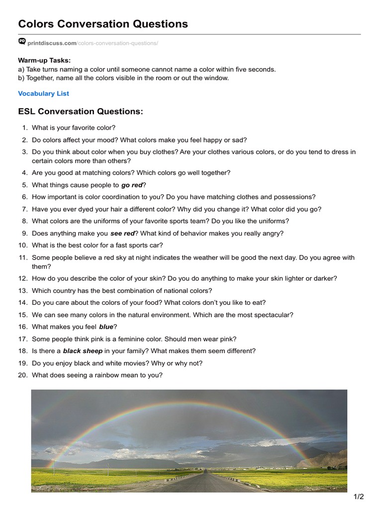 Engaging ESL Color Conversation Questions | PDF
