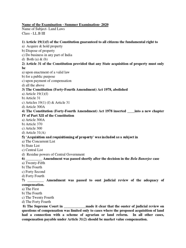 Land LawsMCQ PDF Leasehold Estate Landlord