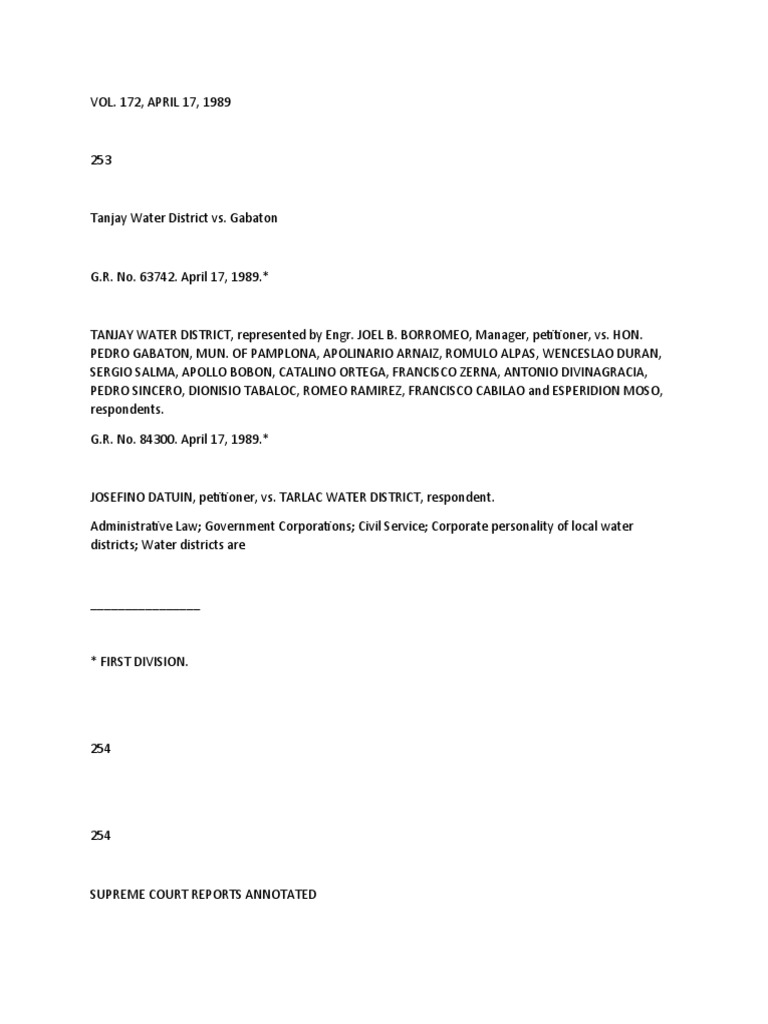 Tanjay Water District vs. Gabaton, 172 SCRA 253, April 17, 1989 PDF