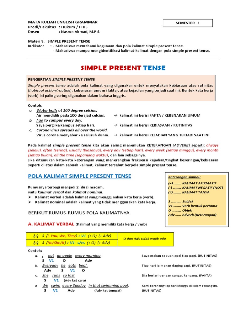 Materi Simple Present Tense Lengkap | PDF | Seni & Disiplin Bahasa