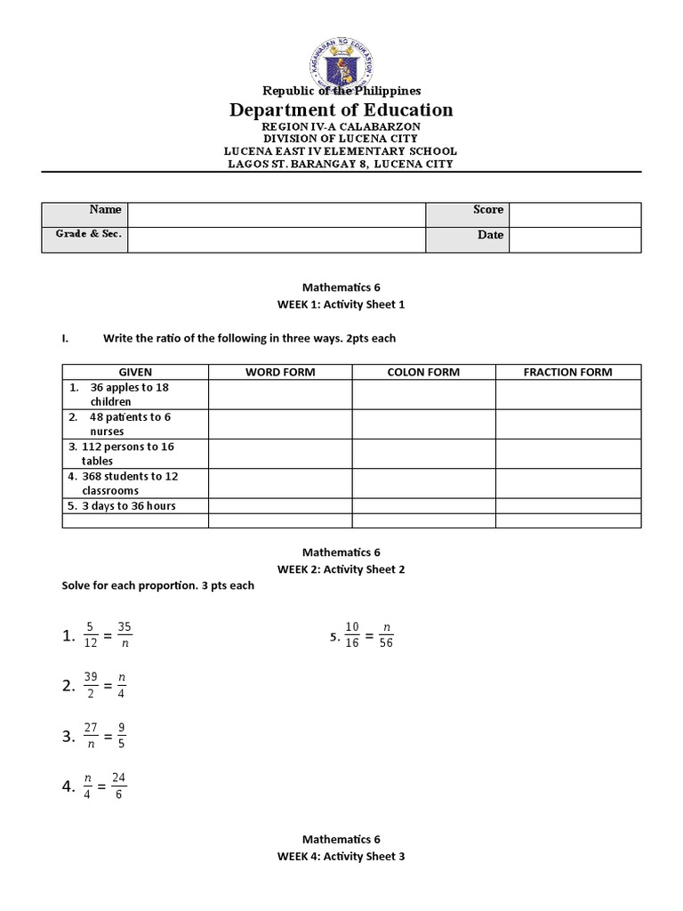 Grade 6 Math Activity Sheets Week 1-4 | PDF