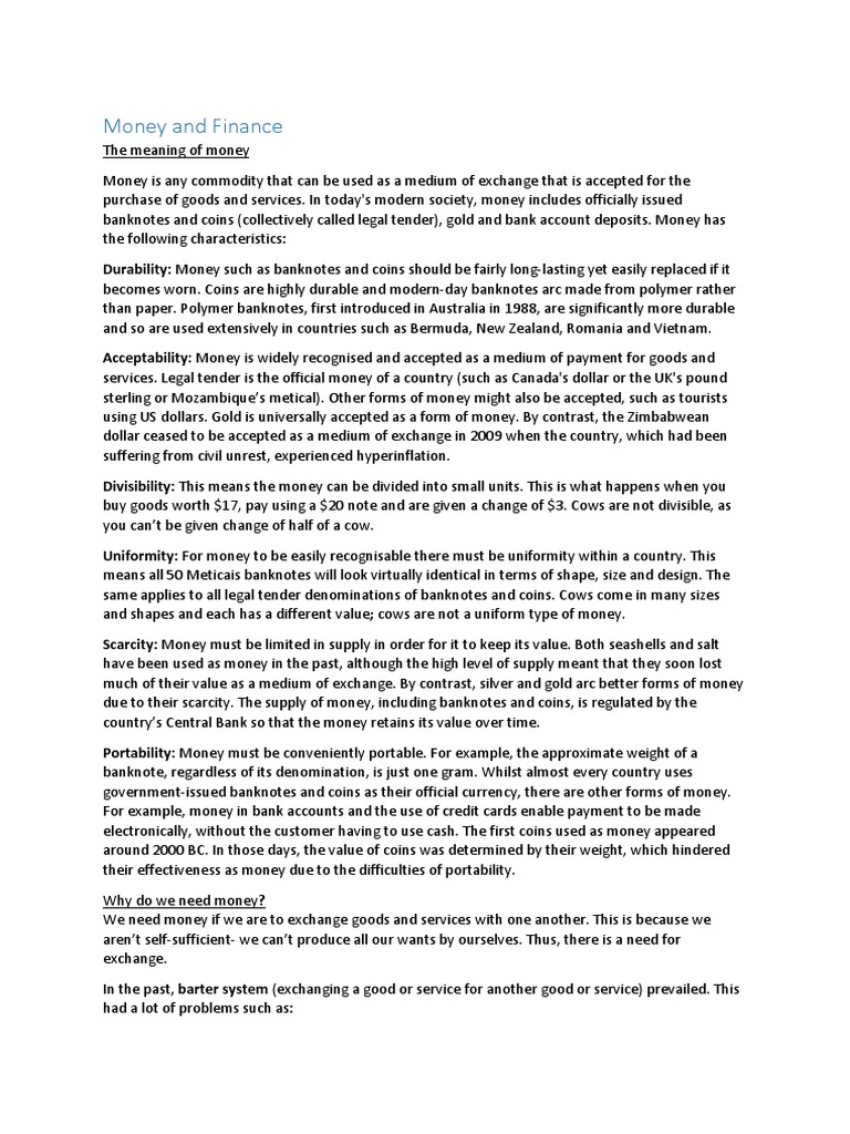 Money and Finance IGCSE ECONOMICS Notes 2020 PDF Money Currency