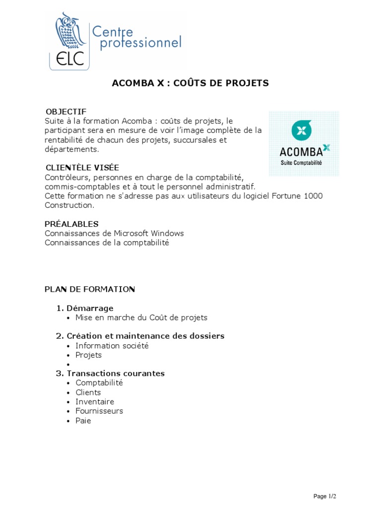 Acomba X : Coûts de Projets Formation | PDF | Finance et gestion monétaire
