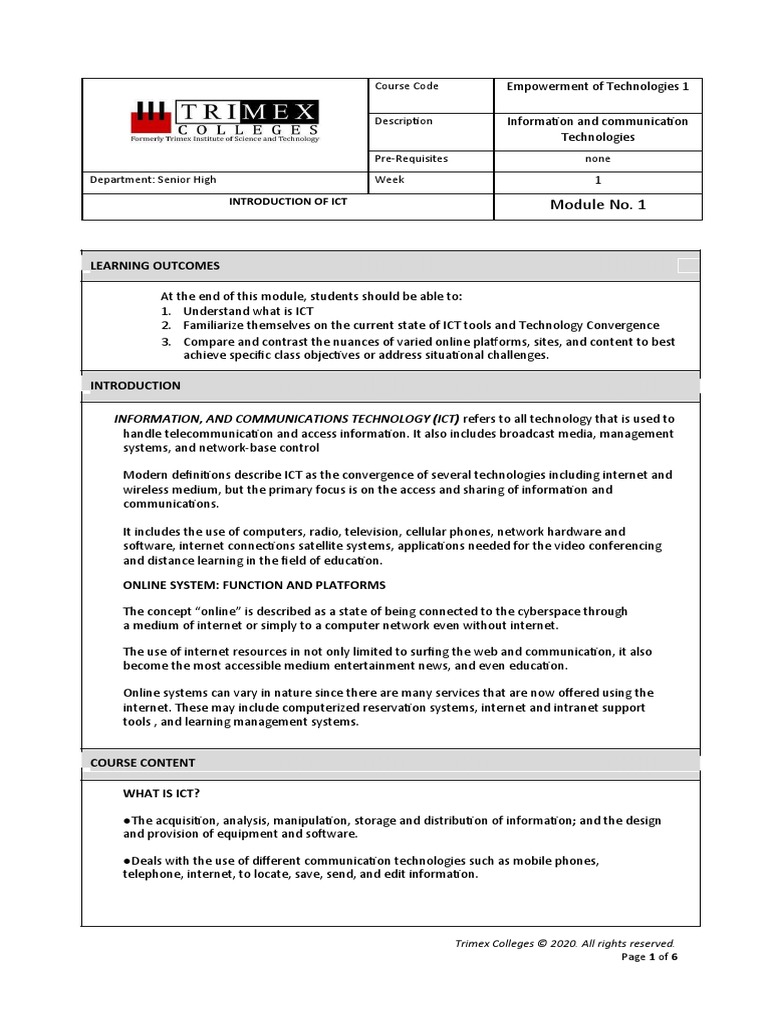 MODULE 1 WEEK 1 What Is ICT | PDF | Educational Technology ...