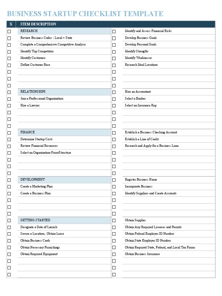 Business Startup Checklist Template Item Description PDF