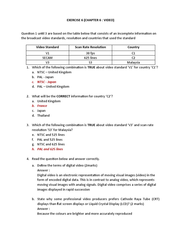 Cs413 Exercise6 Chapter6 Q Pdf Video Display Technology