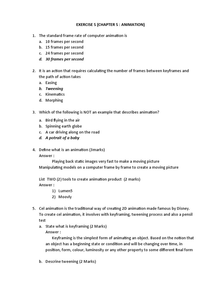 D. 30 Frames Per Second Exercise 5 (Chapter 5 Animation) PDF