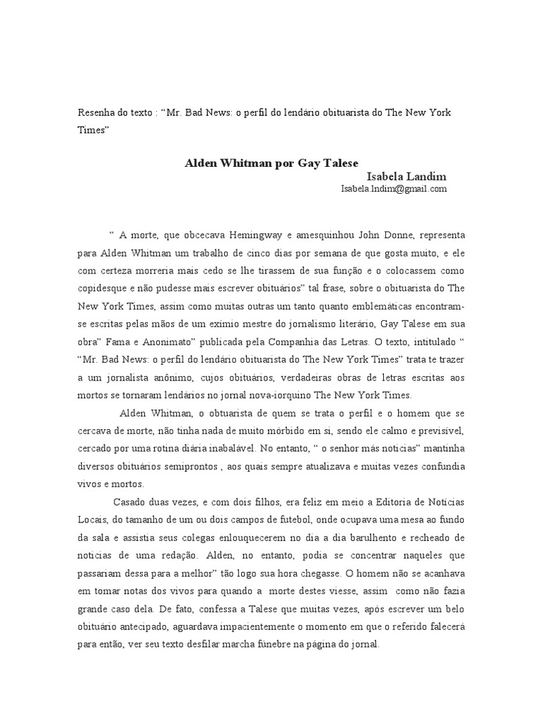 Resenha analisa perfil do lendário obituarista Alden Whitman do New