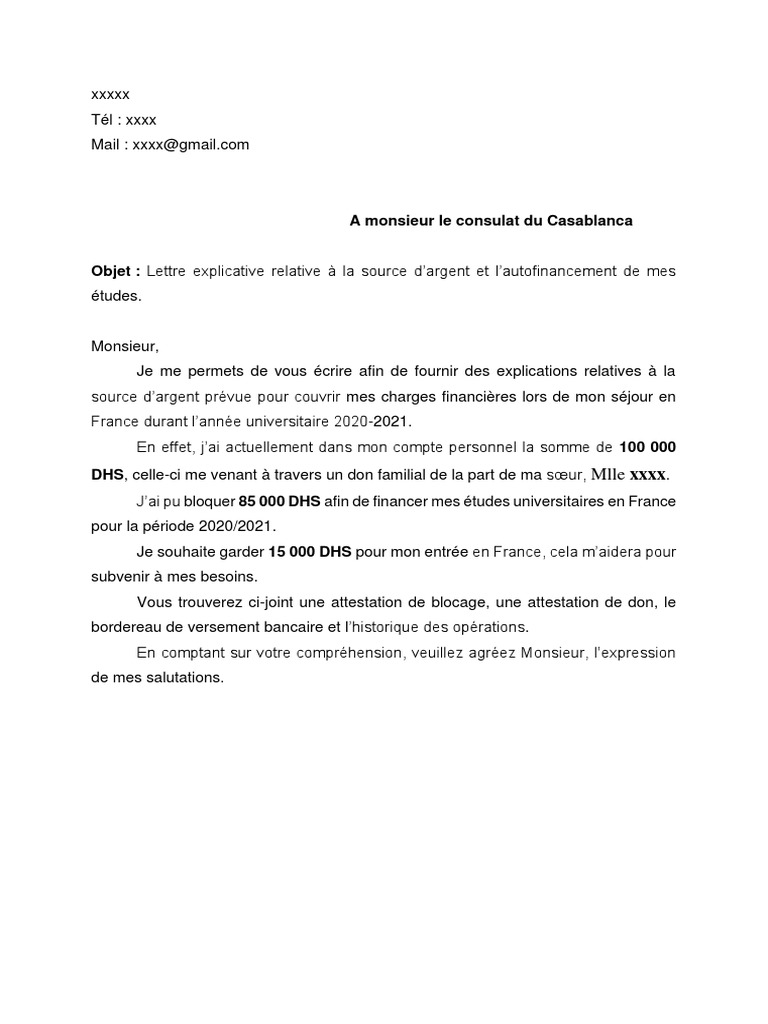 Lettre Explicative Sur Votre Lien Avec Le Garant Lettre Explicative Relative À La Source Dargent Et Lautofinancement de Mes  Études. | PDF