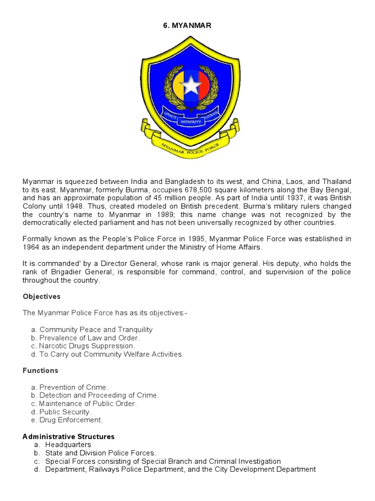 Myanmar Police Force Structure and Ranks | PDF | Police | Criminal Justice