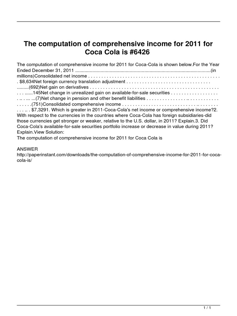The Computation of Comprehensive Income For 2011 For Coca Cola Is | PDF ...