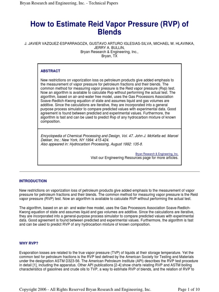 How To Estimate Reid Vapor Pressure (RVP) of Blends PDF | PDF ...